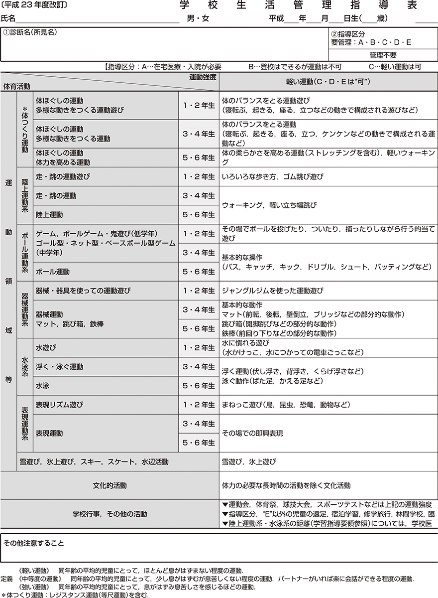 ⓔ表14-1-2　新・学校生活管理指導表 (小学生用) 