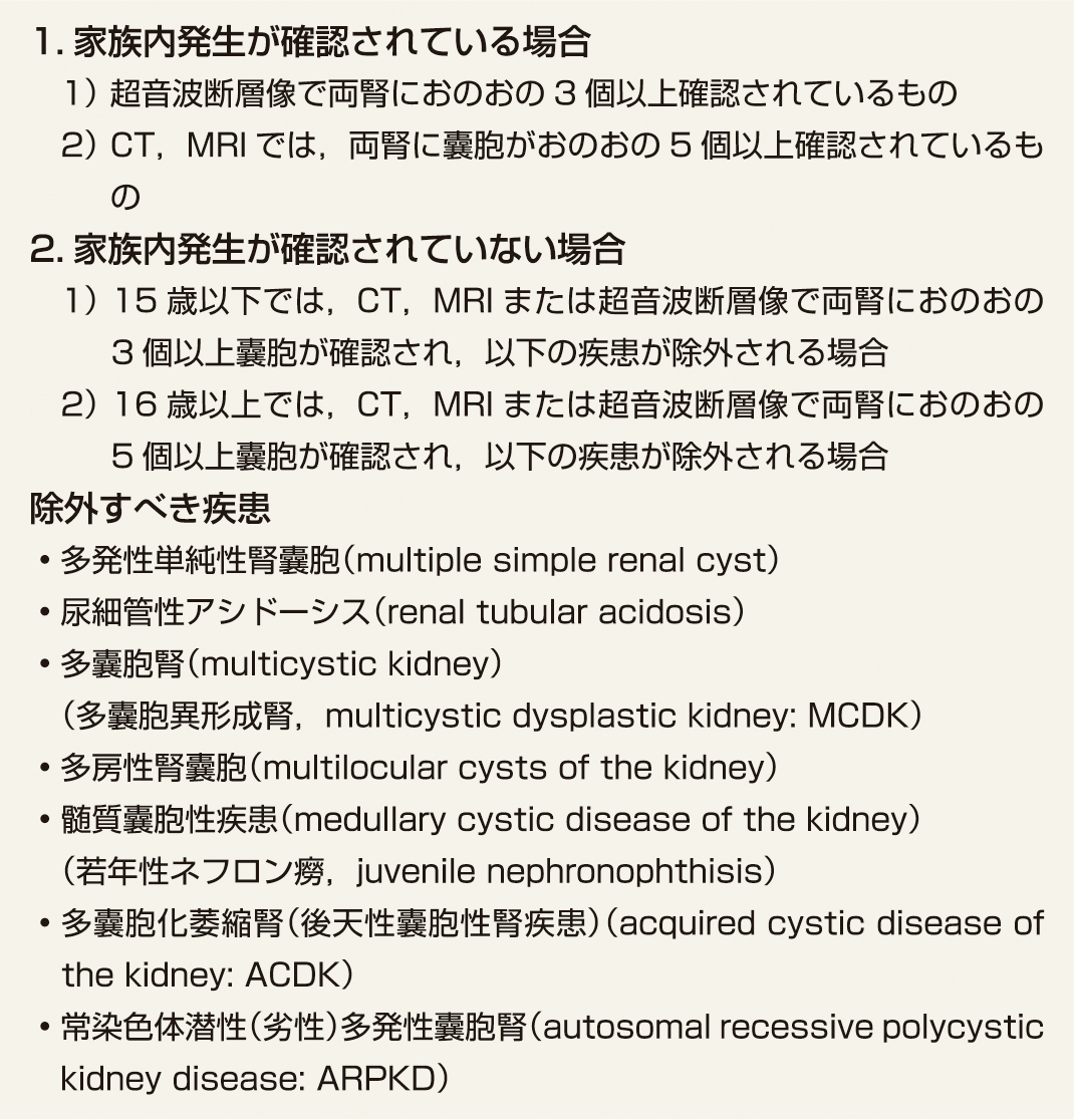 ⓔ表14-14-1　ADPKDの診断基準 (厚生労働省進行性腎障害調査研究班：常染色体優性多発性嚢胞腎診療ガイドライン 第2版) 